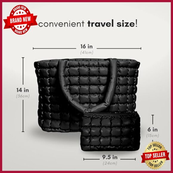 Large Puffer Tote Bag with Insert Pouch, Quilted Polyester, 8 Pockets - Picture 6 of 7